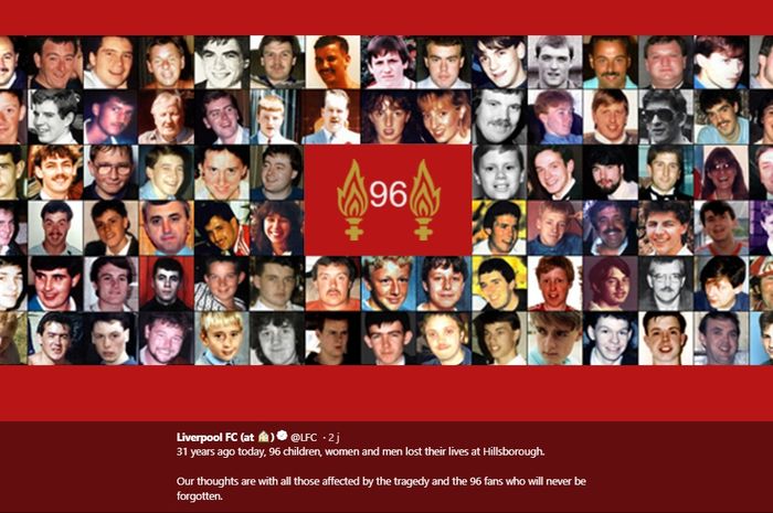 Liverpool memperingati tragedi Hillsborough dengan memasang 96 wajah korban meninggal.