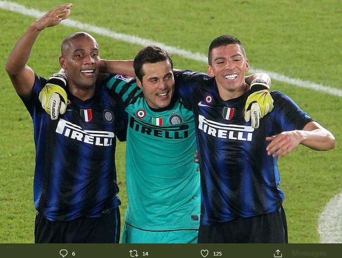 Maicon (kiri) bersama rekan senegaranya asal Brasil yang memperkuat Inter Milan, Julio Cesar dan Lucio.