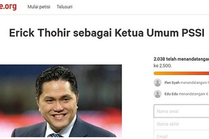 Lebih dari 2.000 orang teken petisi agar Erick Thohir jadi Ketua Umum PSSI.