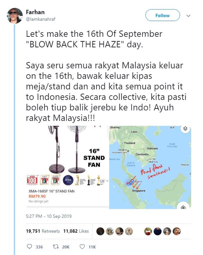 Salah satu netizen Malaysia mengajak semua orang di negeri jiran untuk mengembalikan asap kabut ke Indonesia