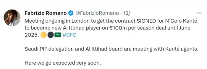 Tweet Fabrizio Romano soal transfer N'Golo Kante ke Al Ittihad.