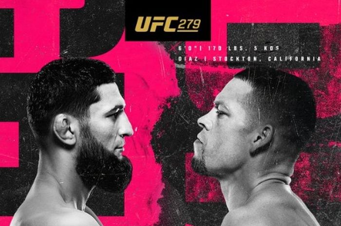 Poster pertandingan partai utama divisi kelas kelas welter antara Khamzat Chimaev (kiri) vs Nate Diaz) pada acara bertajuk UFC 279  yang akan berlangsung di T-Mobile Arena, Las Vegas, Amerika Serikat, 11 September 2022.