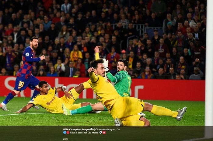 Aksi megabintang Barcelona, Lionel Messi, dalam laga kontra Borussia Dortmund di Camp Nou, Rabu (27/11/2019).