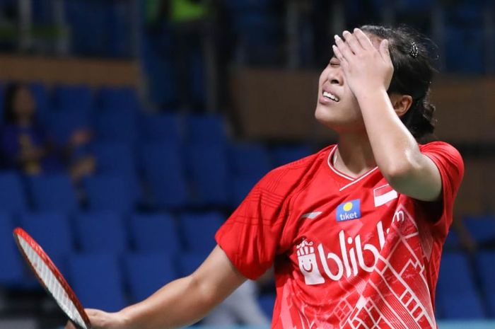 Ekspresi pemain tunggal putri Indonesia, Gregoria Mariska Tunjung, saat bermain pada perempat final Korea Open 2019.