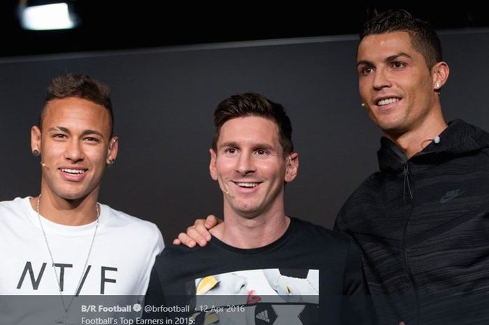 Kiri ke kanan: Neymar, Lionel Messi, dan Cristiano Ronaldo berpose bersama dalam acara penganugerahan Ballon d'Or 2015.