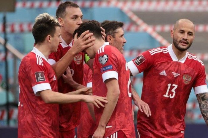 Para pemain timnas Rusia dalam sebuah pertandingan kualifikasi Piala Dunia 2022 zona Eropa.