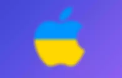 Ilustrasi logo Apple yang dibalut warna khas bendera Ukraina