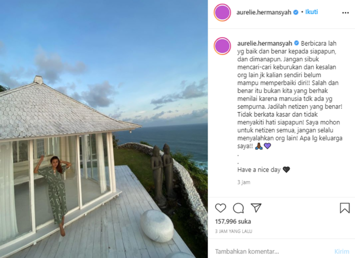 Aurel Hermansyah tuliskan pesan menohok untuk netizen yang berkomentar asal terkait keluarganya