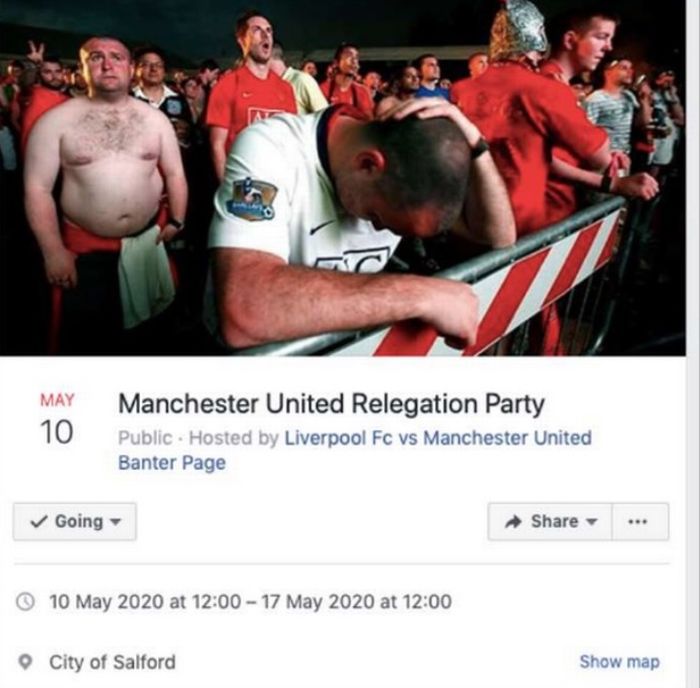 Facebook Group yang bersiap merayakan degradasi Manchester United.