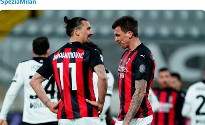 Dua bomber AC Milan, Zlatan Ibrahimovic dan Mario Mandzukic, tak berdaya saat dikalahkan Spezia dalam lanjutan Liga Italia, 13 Februari 2021.