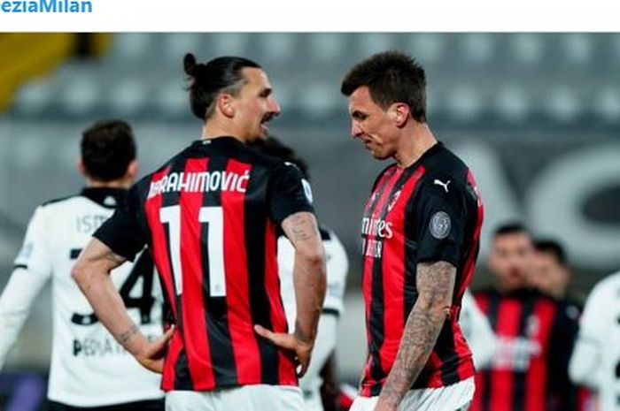 Dua bomber AC Milan, Zlatan Ibrahimovic dan Mario Mandzukic, tak berdaya saat dikalahkan Spezia dalam lanjutan Liga Italia, 13 Februari 2021.